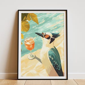Póster de pájaro de playa con arrendajo azul fresco, impresión de vacaciones de verano, arte de aves costeras, ilustración de aves tropicales, decoración de pared de aves moderna, regalo para amantes de las aves