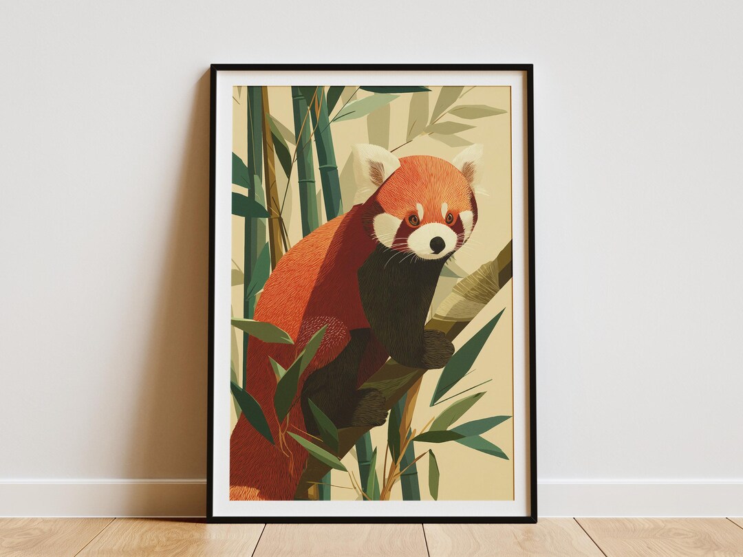 Red Panda Bamboo Branch Travel Poster Style Art Print Vintage Wildlife ...