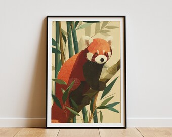 Pôster de viagem estilo panda vermelho, galho de bambu, impressão artística, vintage, vida selvagem, animal, natureza, decoração, arte inspirada em meados do século, para parede