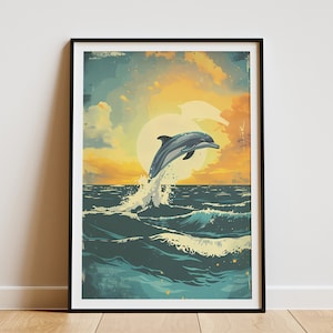 Póster de delfín al atardecer en el océano, impresión artística minimalista, decoración de playa, arte de pared con animales del océano, decoración costera, arte de vida marina