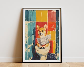May include: Framed art print featuring a Corgi dog sitting on a toilet, reading a newspaper. The background is a colorful patchwork of blue, yellow, and red squares. The artwork has a whimsical, illustrative style.