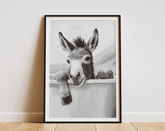 Donkey in Bathtub Poster Farm Animal Wall Art Bathroom Decor Funny Animal Print Monochrome Art Whimsical Bathroom Art Print Cute Animal