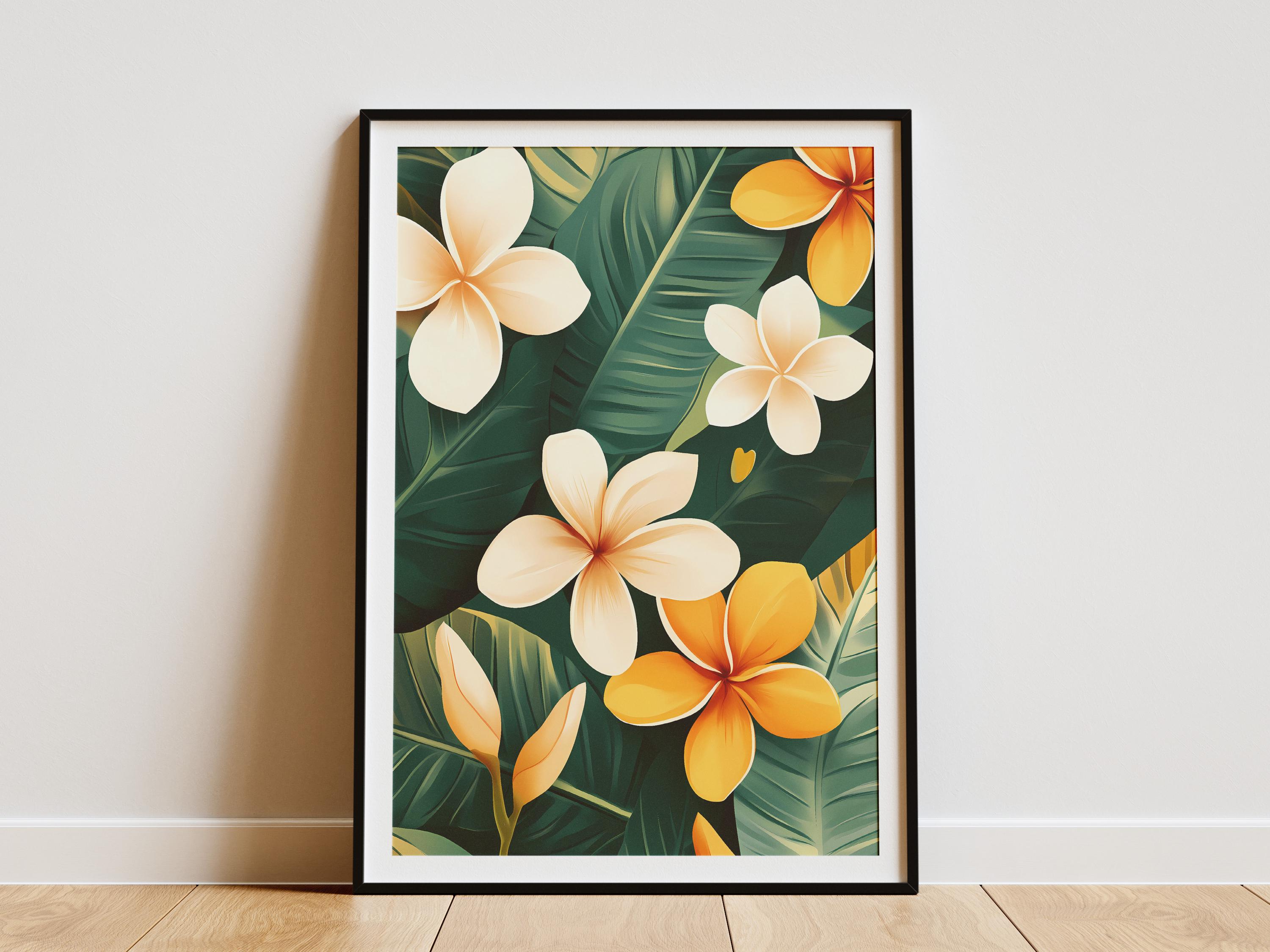 Tropical Frangipani Flower Poster Beach House Decor Botanical Wall Art Modern Tropical Print Summer Vibes Orange and White Flowers Plumeria