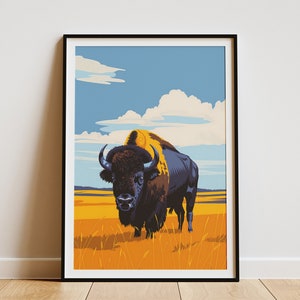 Póster de bisonte de Iowa en el campo Póster de animales vintage Póster de vida salvaje Impresión de arte de la naturaleza Póster de arte de bisonte Arte moderno de mediados de siglo