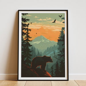 Berg Bär Druck Minimalistisches Plakat Mid Century Modern Wald Wand Kunst Natur Kunst Baum Poster Druck Schwarzer Bär Druck