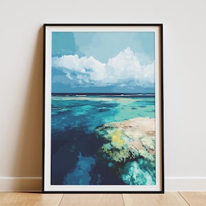 Póster de la Gran Barrera de Coral, impresión artística costera oceánica, decoración de pared en azul verdoso, pintura de paisaje marino tropical, arte abstracto moderno de casa de playa, Australia