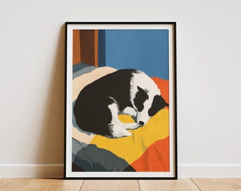 Matisse-stijl Bordercollie Art Print slapende hond muurkunst abstract huisdier minnaar cadeau kleurrijke slaapkamer decor minimalistische dierenposter