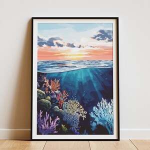 Póster de la Gran Barrera de Coral, impresión artística oceánica, arte mural náutico, decoración costera, impresión submarina, póster de viaje a Australia, impresión artística de arrecife de coral, atardecer