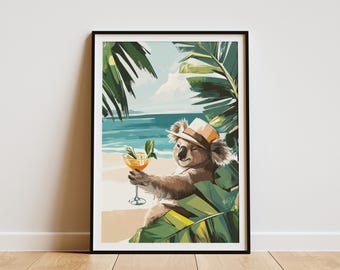 Beach Vibes Koala Cocktail Tropical Summer Art Print Coastal Animal Poster Cute Koala Wall Decor Trendy Home Decor Boho Decor Australian