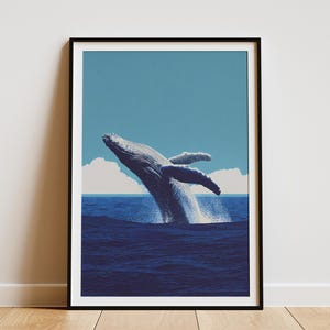 Impresión artística de ballena jorobada saltando, temática hawaiana, arte de pared costero, póster de animales oceánicos, decoración náutica para el hogar, regalo para amantes de las ballenas, arte de vida marina