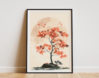Poster di acero giapponese, stampa artistica minimalista, decorazione murale con foglie autunnali, arte dell'albero rosso, poster naturalistico, stampa botanica