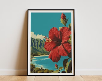 Vibrant Hawaiian Hibiscus Bloom with Morning Dew Print Tropical Island Wall Art Hawaii Beach Landscape Poster Coastal Decor Artwork