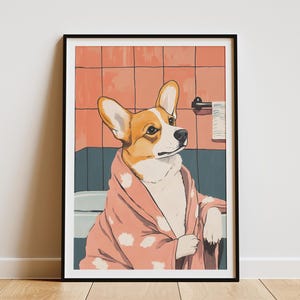 Corgi hond in badjas poster badkamer muur kunst Matisse stijl print schattige dieren kunst hondenliefhebber cadeau Corgi Art Print grappig badkamer decor