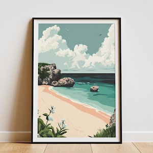 Bermuda Beach Poster Horseshoe Bay Beach Print Coastal Wall Art Bermuda Travel Poster Flat Illustration Modern Minimalist Beach Art Home