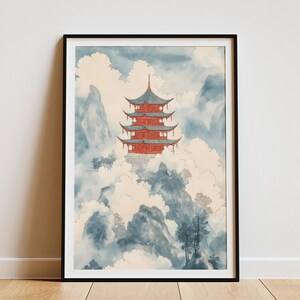 Pagode Bergspitze Poster Asiatisch Kunst Druck Chinesischer Tempel Japanische Landschaft Vintage Reise Poster Ruhe Zen Dekor Ästhetische Wand Kunst Rot