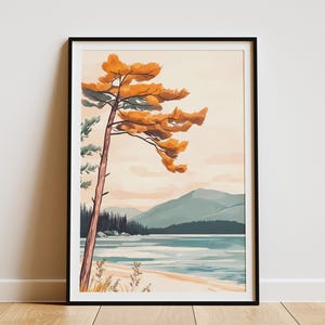 Herbst See Landschaft Poster Herbst Natur Druck Orangen Baum See Poster Moderne minimalistische Landschaft Kunst gemütliches Wohnkultur See Haus Wandkunst