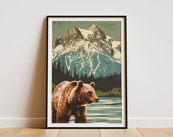 Katmai National Park Plakat Vintage Travel Plakat Niedźwiedź Alaska Art Print National Park Art