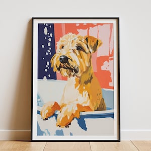 Impresión artística de perro para la hora del baño con terrier de trigo, póster moderno para perros, regalo para amantes de las mascotas, decoración de pared canina, pintura divertida de perros, ilustración caprichosa de mascotas