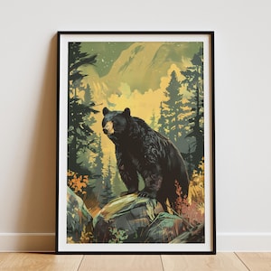 Póster de bosque de osos negros, impresión artística de vida silvestre, decoración de pared de naturaleza, arte de bosque de montaña