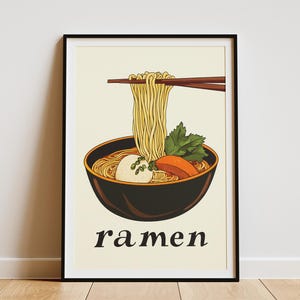 Ramen Poster Japanese Food Print Bowl of Noodles Wall Art Asian Cuisine Illustration Flat Lay Food Illustration Kitchen Decor Instant Ramen