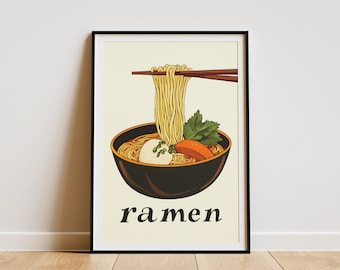 Ramen Poster Japanese Food Print Bowl of Noodles Wall Art Asian Cuisine Illustration Flat Lay Food Illustration Kitchen Decor Instant Ramen