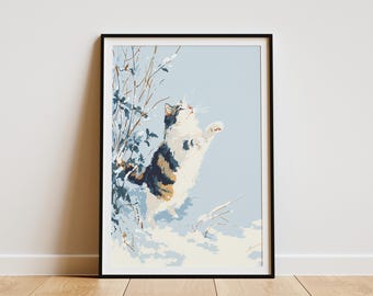 Playful Calico Cat in Snow Art Print Winter Animal Wall Decor Cozy Pet Snowy Scene Home Office Decor Minimalist Cute Cat Lover Gift Idea