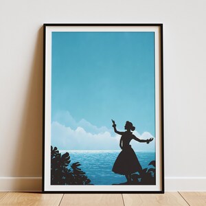 Hula Tänzerin Silhouette Poster Ocean Horizon Kunstdruck Hawaiianische Wandkunst Tropisches Dekor Island Vibes Geschenk für Tänzerin Küstendekoration