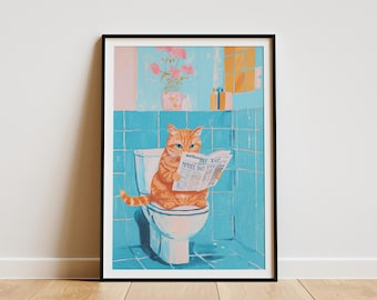 Orange Tabby Cat on Toilet Reading Newspaper Bathroom Wall Art Print Funny Cat Poster Pet Lover Gift Home Decor Whimsical Illustration