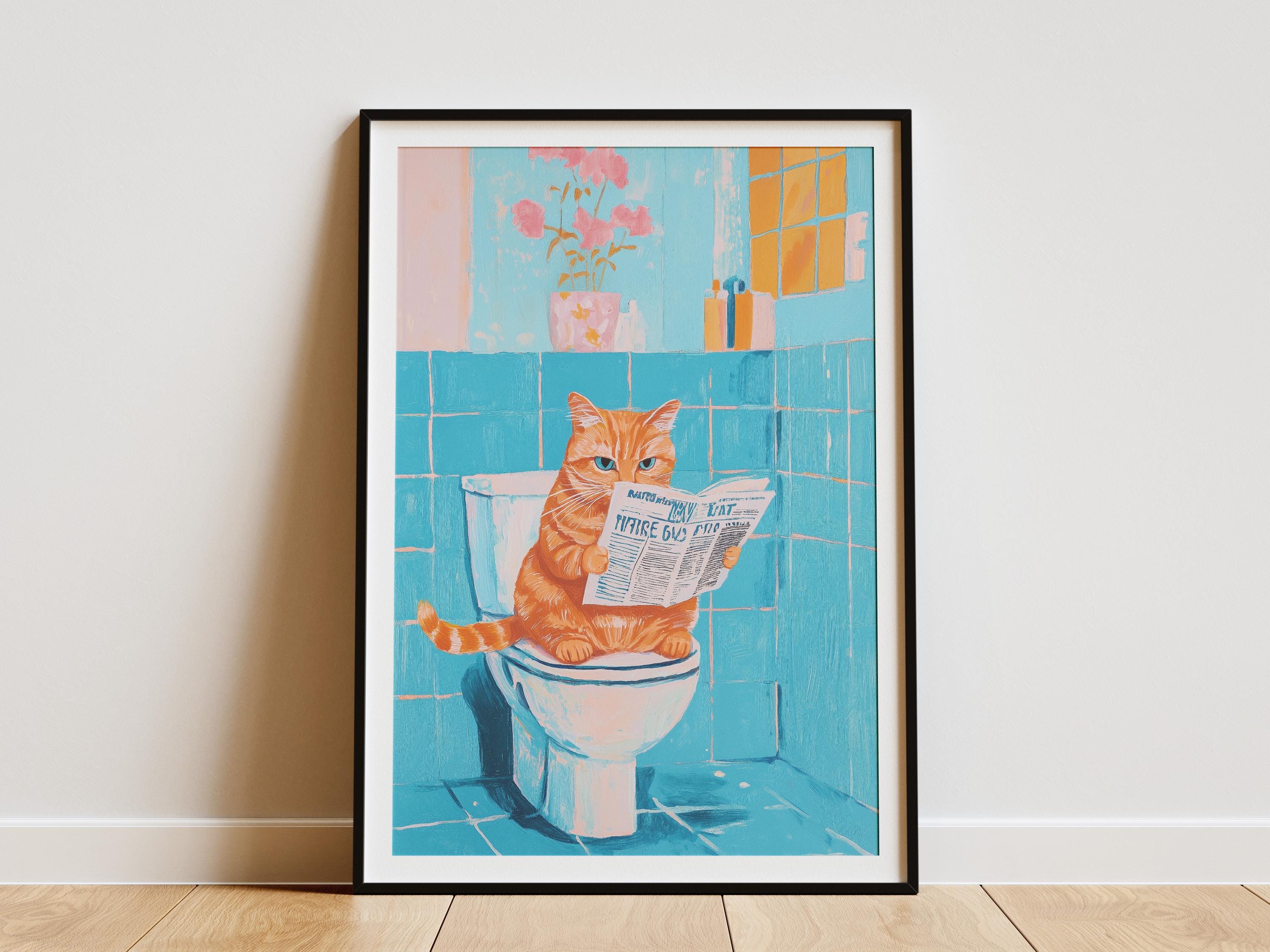 Orange Tabby Cat on Toilet Reading Newspaper Bathroom Wall Art Print ...