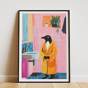 Pingüino en bata de baño, pintura, arte para baño, impresión, decoración de pared de animales modernos, póster divertido de pájaro, linda ilustración de pingüino, caprichoso