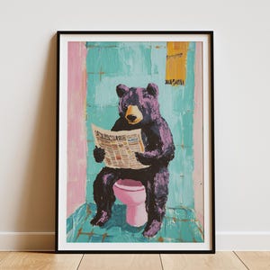 Impresión artística de pared con diseño de oso gracioso leyendo el periódico en el inodoro, póster divertido de animales, decoración de oso lindo, decoración moderna para el hogar, caprichosa