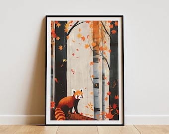 Red Panda in Autumn Forest Poster Minimalist Art Print Animal Wall Decor Nature Art Red Panda Illustration Fall Foliage