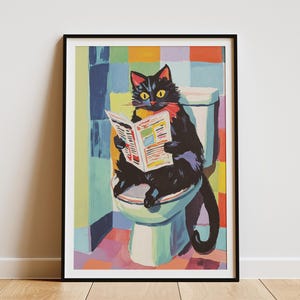 Impresión artística de gato del bosque noruego, divertido póster de gato leyendo periódico, arte de pared para baño, arte de gato en el inodoro, regalo humorístico para amantes de los gatos, hogar único