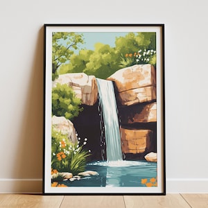 Póster de cascada Impresión artística de naturaleza Cascada tranquila Paisaje sereno Agua pacífica Escena tranquila Impresión artística moderna Impresión botánica Naturaleza