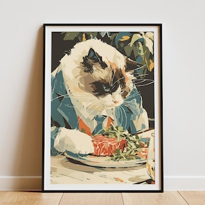 Distinguido gato Ragdoll con traje saboreando una cena de bistec gourmet, arte mural animal único y humorístico, impresión sofisticada de retrato de mascota, decoración