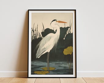 Great Blue Heron in Marsh Japanese Woodblock Print Style Bird Poster Nature Wall Art Animal Print Wildlife Decor Modern Home Decor Bird
