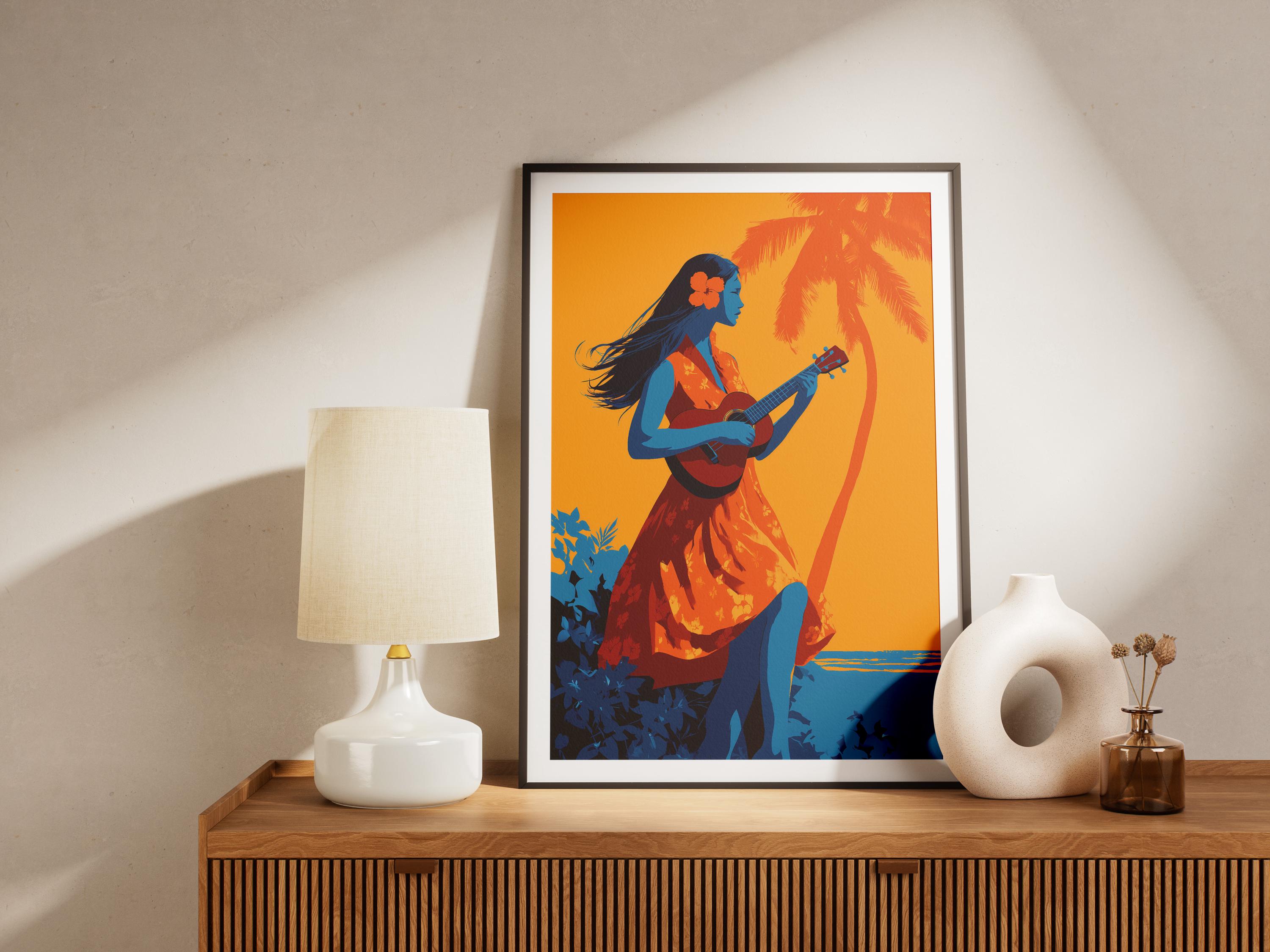 Hula Girl Ukulele Poster Hawaiian Art Print Vintage Style Travel