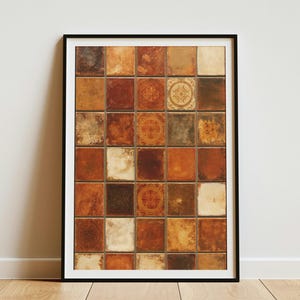 May include: A framed wall art print featuring a grid of square tiles in various shades of terracotta, rust, brown, and cream. Some tiles display intricate circular patterns, while others have a weathered, solid, or mottled texture throughout.