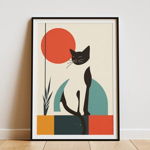 Póster minimalista de gato, arte geométrico, decoración de pared, arte moderno de gato, ilustración de gato en blanco y negro