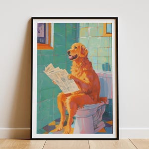 Golden Retriever Dog On Toilet Reading Newspaper Art Print Funny Bathroom Decor Dog Lover Gift Humorous Pet Portrait  Poster Novelty