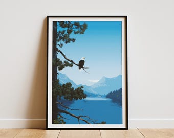 Majestätisch Weißkopfseeadler thront auf Kiefernzweig mit Blick auf einen ruhigen Bergsee Landschaft Vintage Style Wildlife Natur Kunstdruck