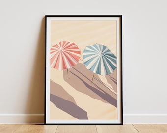 Beach Umbrella Poster Summer Vacation Print Retro Striped Umbrellas Coastal Wall Art Minimalist Beach Decor Summertime Vibes Sandy Beach