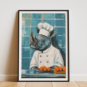 Impresión de chef rinoceronte, arte de pared para cocina, póster divertido de animales, arte culinario, decoración de cocina caprichosa, regalo de chef, impresión de arte animal, arte peculiar