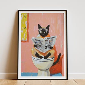 Siamesisk katt som läser tidning på toaletten, affischtryck, badrumsväggkonst, humoristisk katttoalett, nyhet, gåva, unik heminredning, konsttryck
