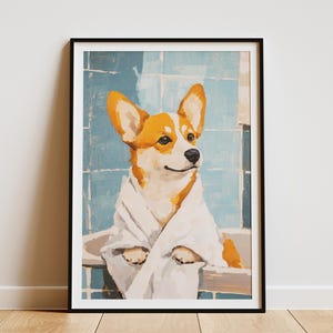 Corgi Puppy Dog Bathrobe Bathroom Wall Art Print Cute Animal Illustration Playful Pet Poster Corgi Lover Gift Dog Art Print Puppy Art