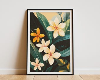 Impresión botánica de flores tropicales de frangipani, póster de plantas exóticas, decoración de casa de playa, arte de pared de verano, ilustración floral, impresión de arte moderno