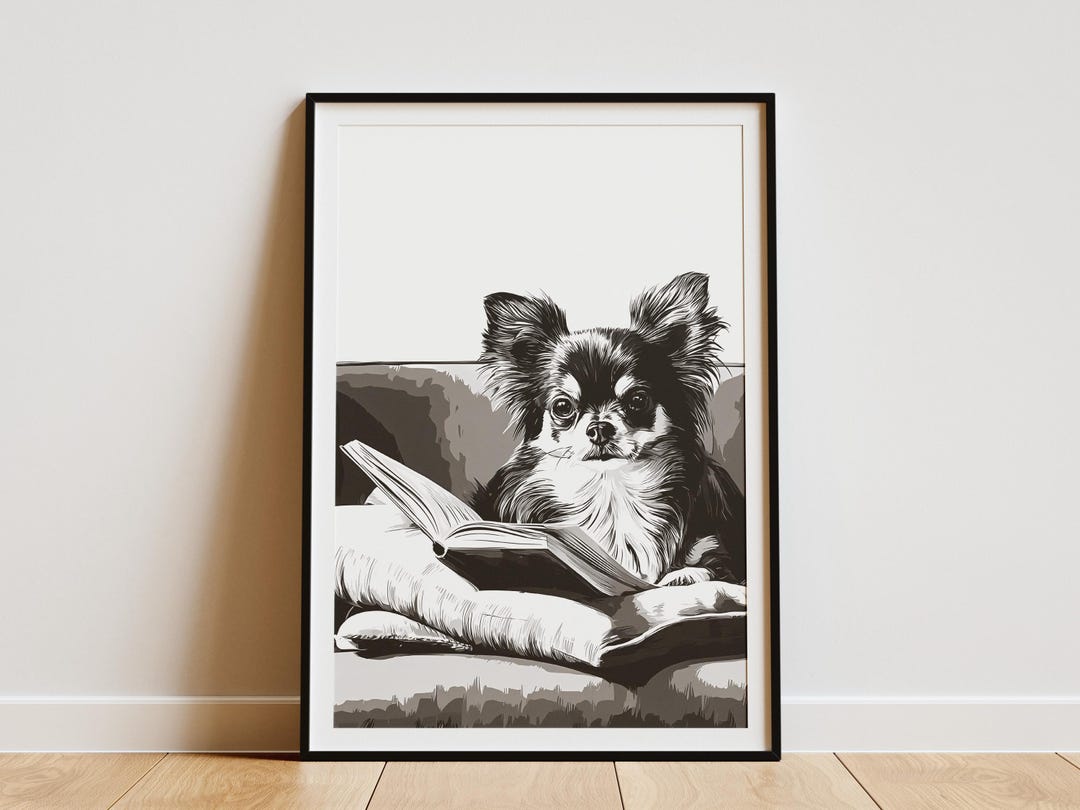 Black and White Chihuahua Dog Reading Book Art Print Cozy Pet Lover ...