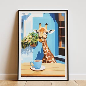 Impresión artística de café con jirafa, póster acogedor de cafetería, arte de pared con animales, regalo para amantes de la jirafa, regalo para amantes del café, arte animal lindo, ilustración de jirafa para pared
