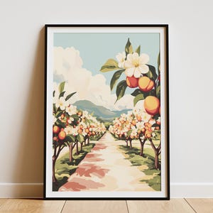 Peach Orchard Poster Blooming Peach Trees Wall Art Spring Flowers Print Countryside Landscape Farmhouse Decor Vintage Botanical