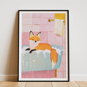 Lindo zorro en una bañera Impresión en papel Estilo Matisse Póster de animales para baño Arte de zorro naranja Decoración de baño rosa Ilustración de animal caprichosa